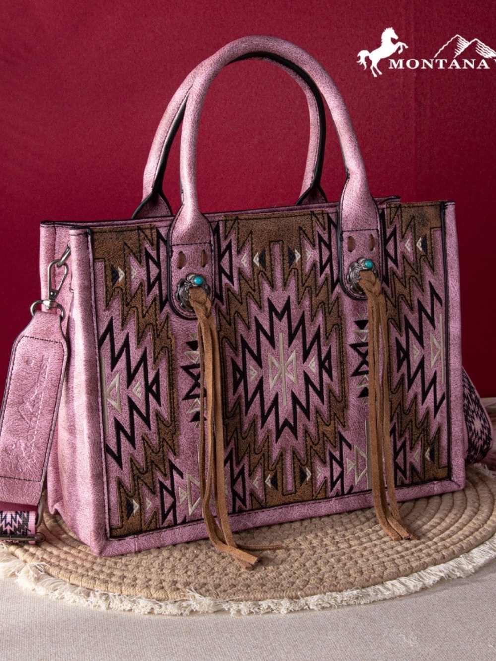 Montana West Embroidered Aztec Concealed Carry Tote/Crossbody -Pink